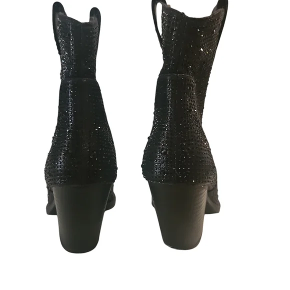 FOREVER RiverWomen Rhimestone Block Chunky Heel Black Glitter Ankle Boots Size 7 - Picture 5 of 13